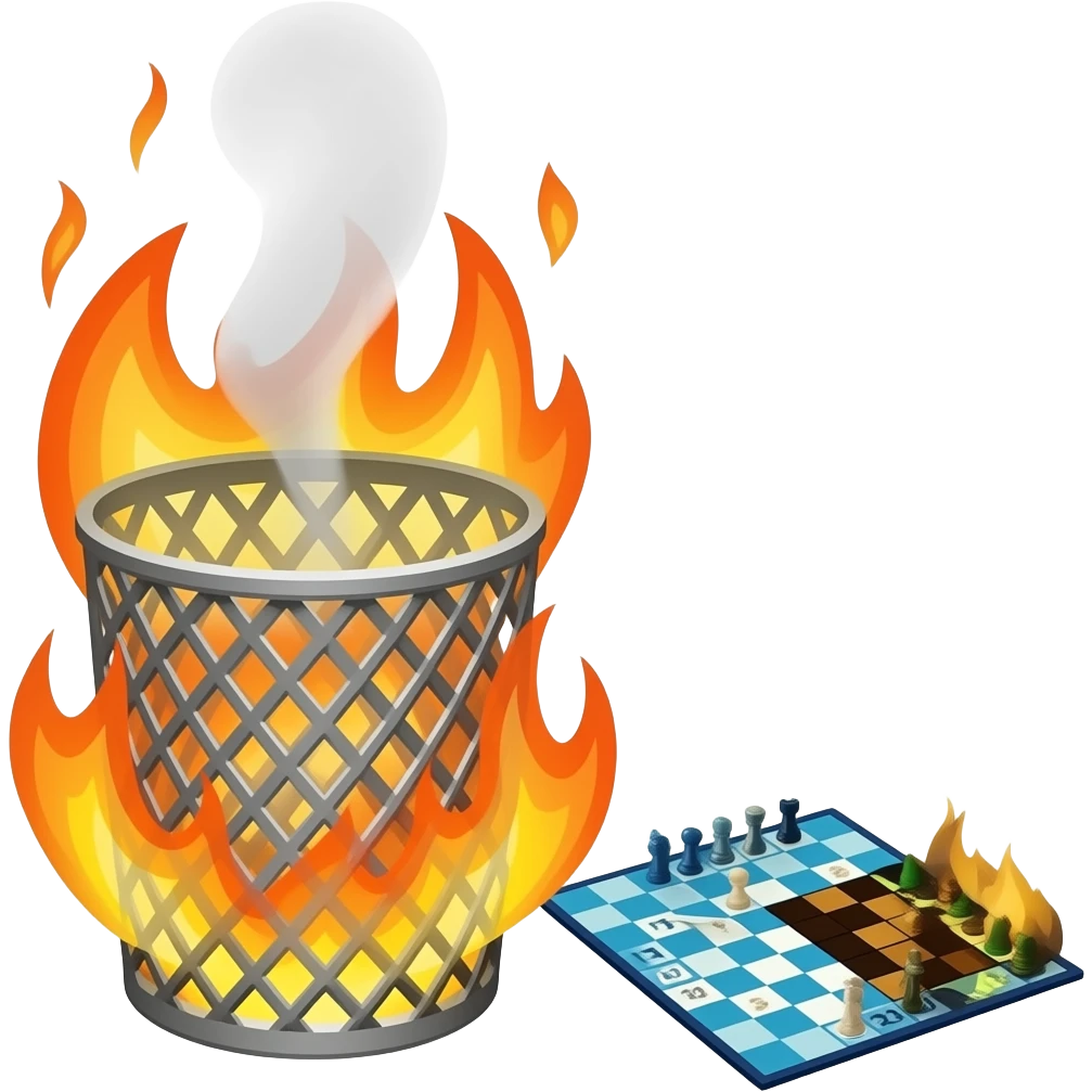 poubelle en feu avec un jeu de société qui part en fumée emoji