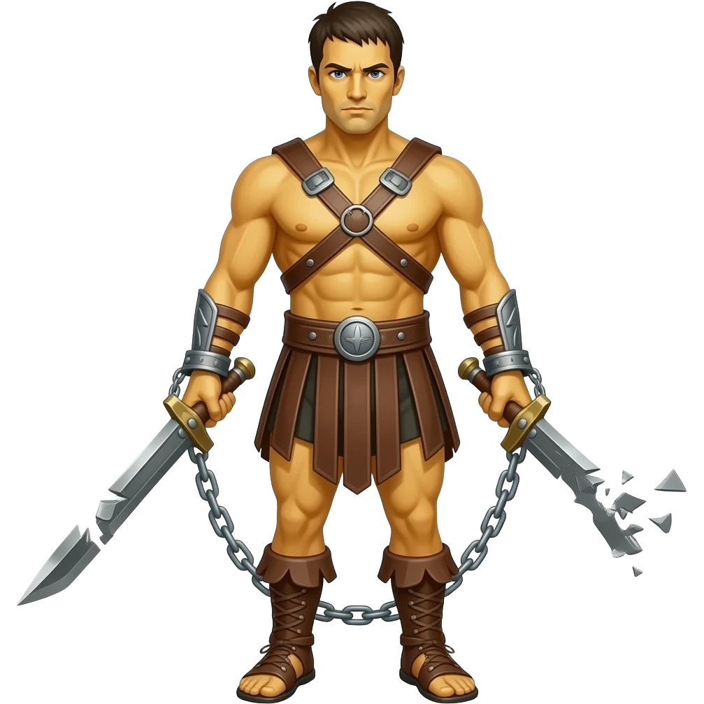 spartacus, minimal, full body, yellow skin, tipical emoji caracter style, more emojis style, more minimal, with weapons, more simplistic, emoji style, shackles on wrist with broken chains emoji