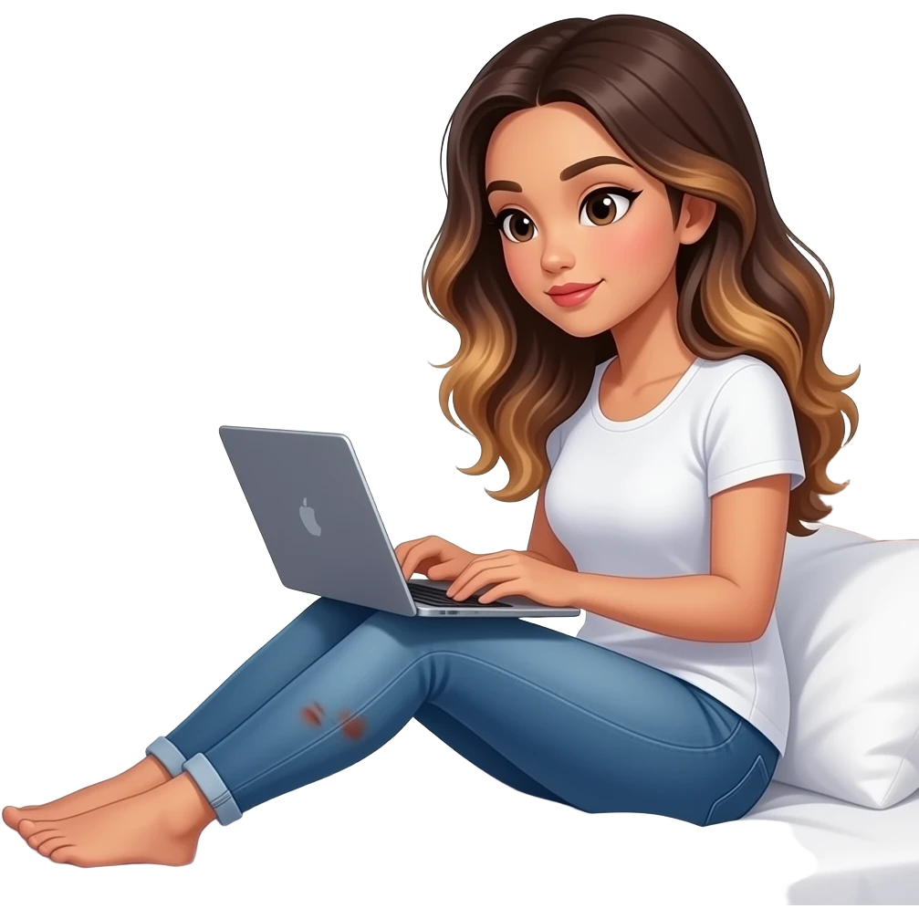 beautiful-Filipino-woman-beautiful-eyes-with-long-wavy-hair-balayage--sitting on the bed-with a laptop-reading the news-small bruises under leggings-side view emoji