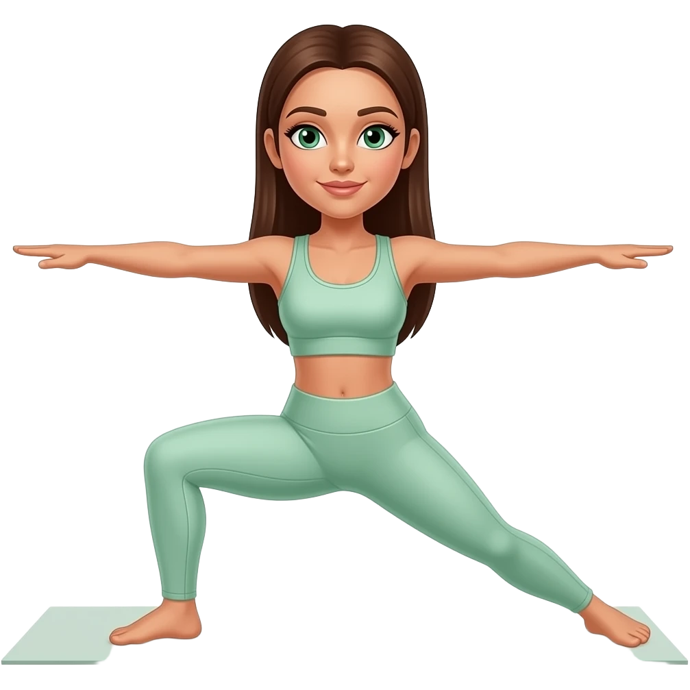 woman in a light green workout set with straight brown hair and green eyes doing a yoga pose emoji