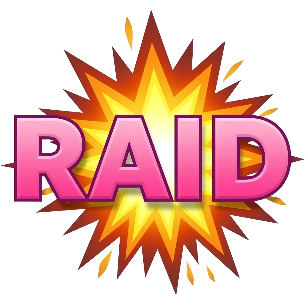 "RAID" text with an explosion behind it. "RAID" text pink tones. emoji