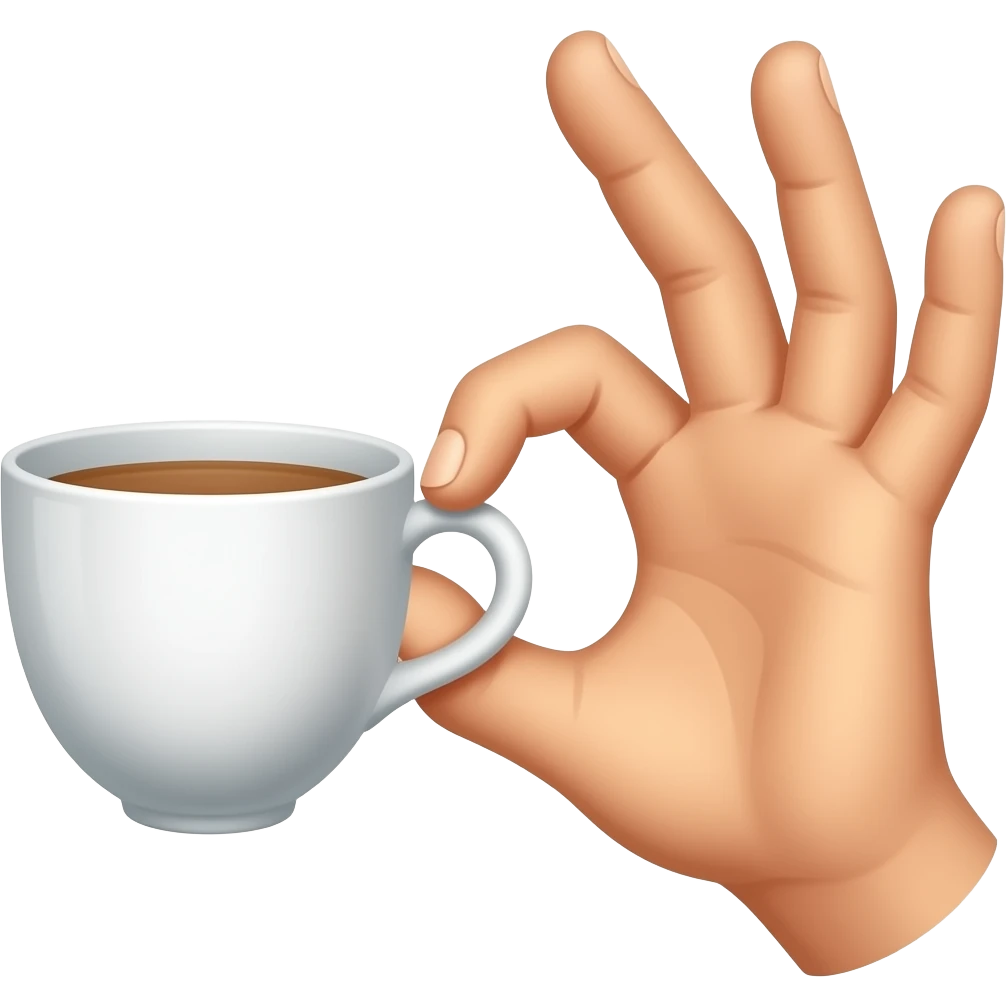 close up of tea cup with hand making an "ok" shape with the thumb and forefinger around the handle of the cup and the other 3 fingers up emoji