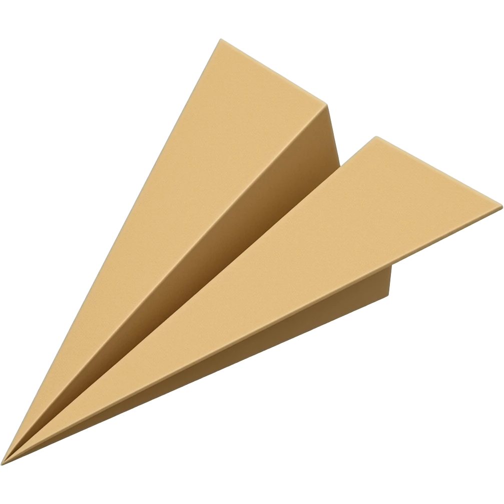 3D render of Paper Airplane made entirely of folded origami paper, sharp creases, cardboard texture, matte finish, visible paper grain, craft aesthetic, apple emoji style emoji