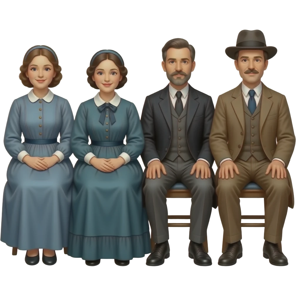 two fat mothers and two skinny fathers depicted in sitting poses as in daguerreotypes posing in vintage civilian clothes emoji