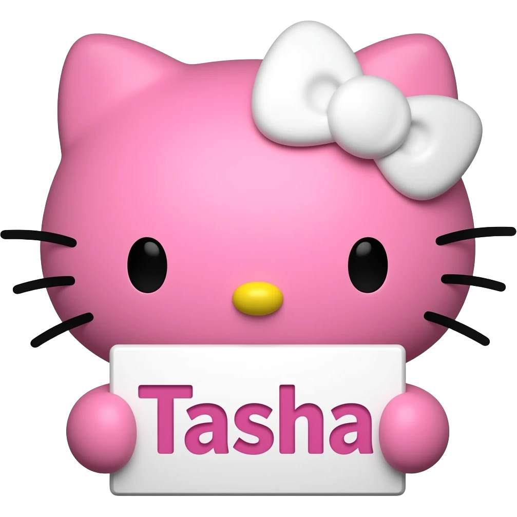 Bright pink hello Kitty head with white bow with with front paws holding a sign with the name TASHA emoji