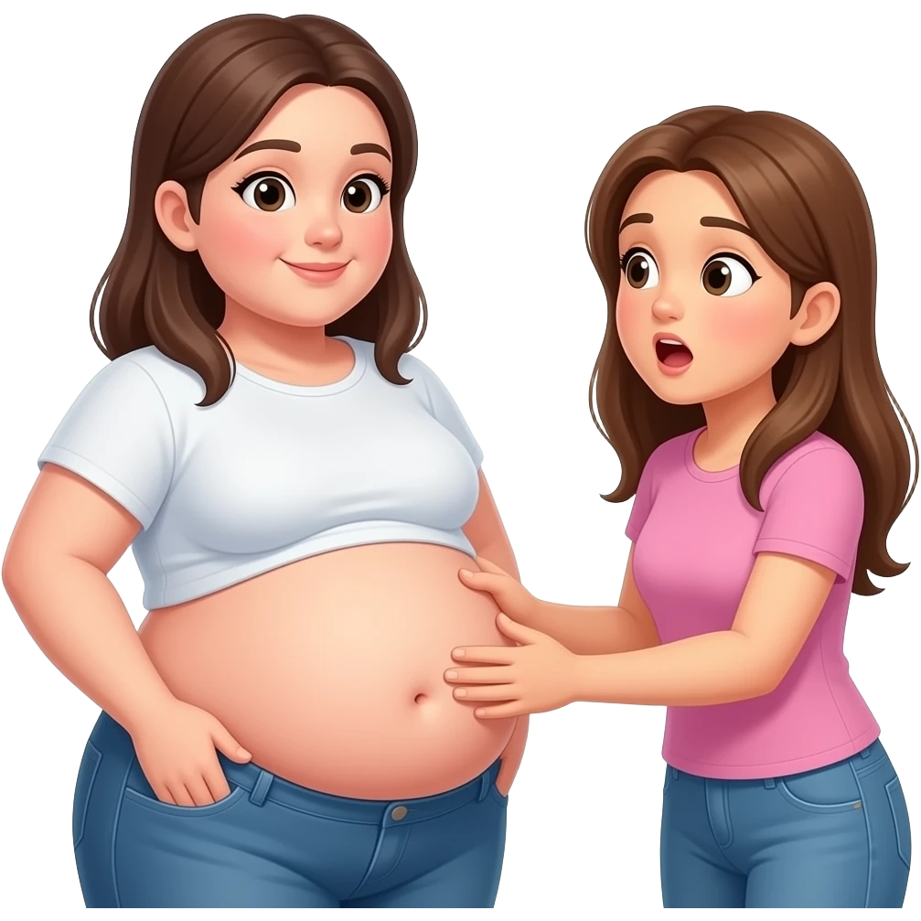 A meeting with two girls,After a great long lunch,one girl is full & fat,her bellybutton is peeking out,her big belly is getting noticed,so other girl was impressed and eagerly touching the one overfed girl’s bloated belly, emoji