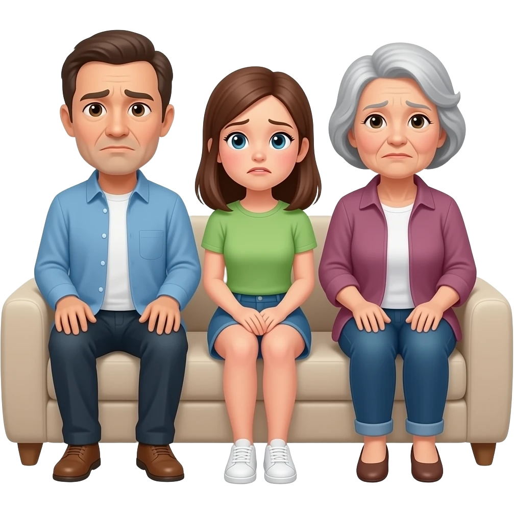 adult looking guilty sitting on couch talking with a teenage girl sitting next to another women emoji