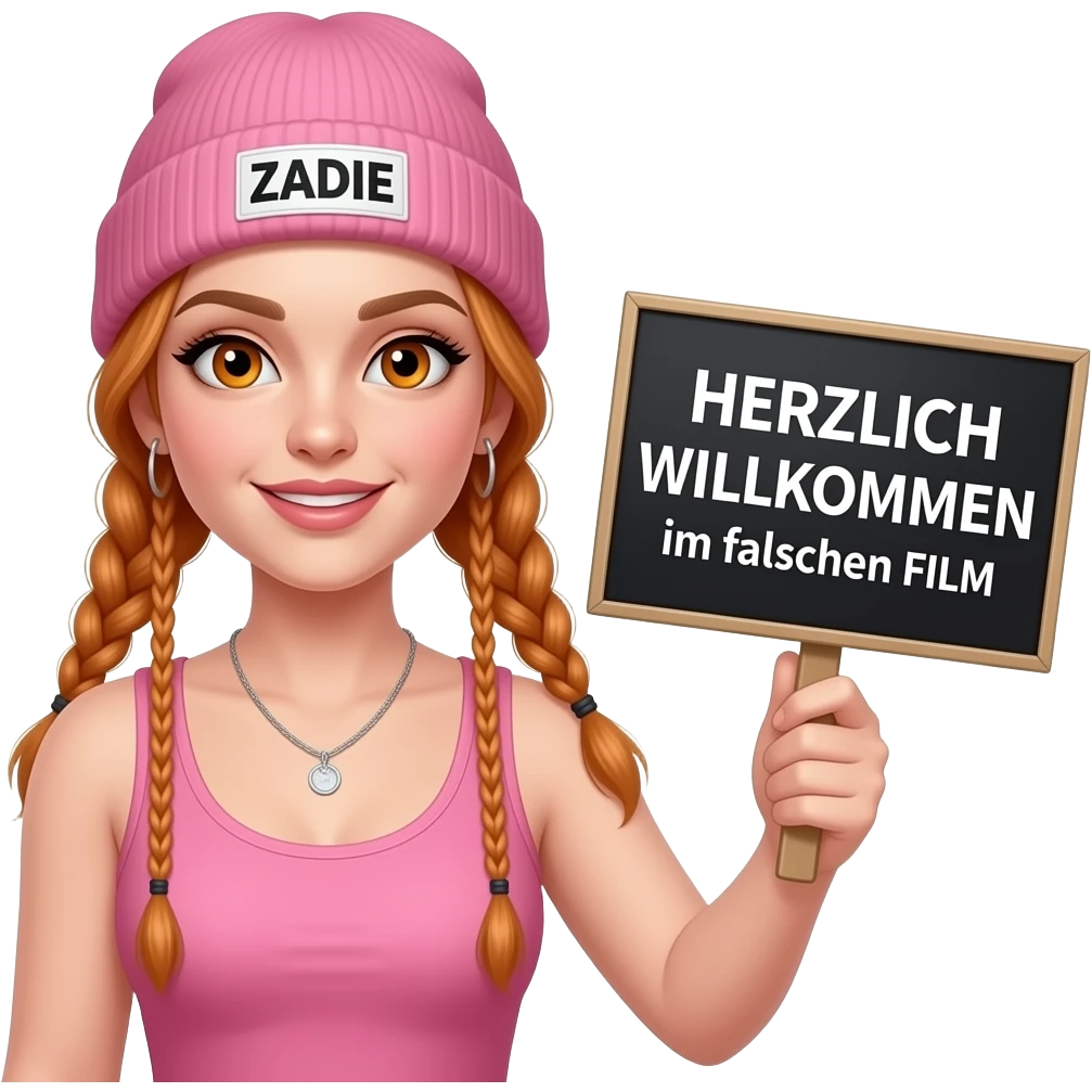 sexy girl with overlong ginger braids and ginger eyes wearing a pink tanktop and a pink beanie with ZADIE written on it, is holding a black sign with HERZLICH WILLKOMMEN im falschen FILM written on it emoji