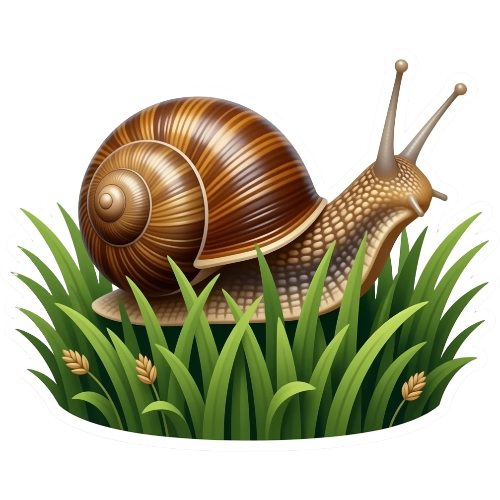 Photorealistic macro photo sticker of a real garden snail crawling through dense silver-green grass blades with tiny wild seeds, glossy brown striped shell, wet skin, no caterpillars, no thick branches, realistic die-cut sticker look, white outline emoji
