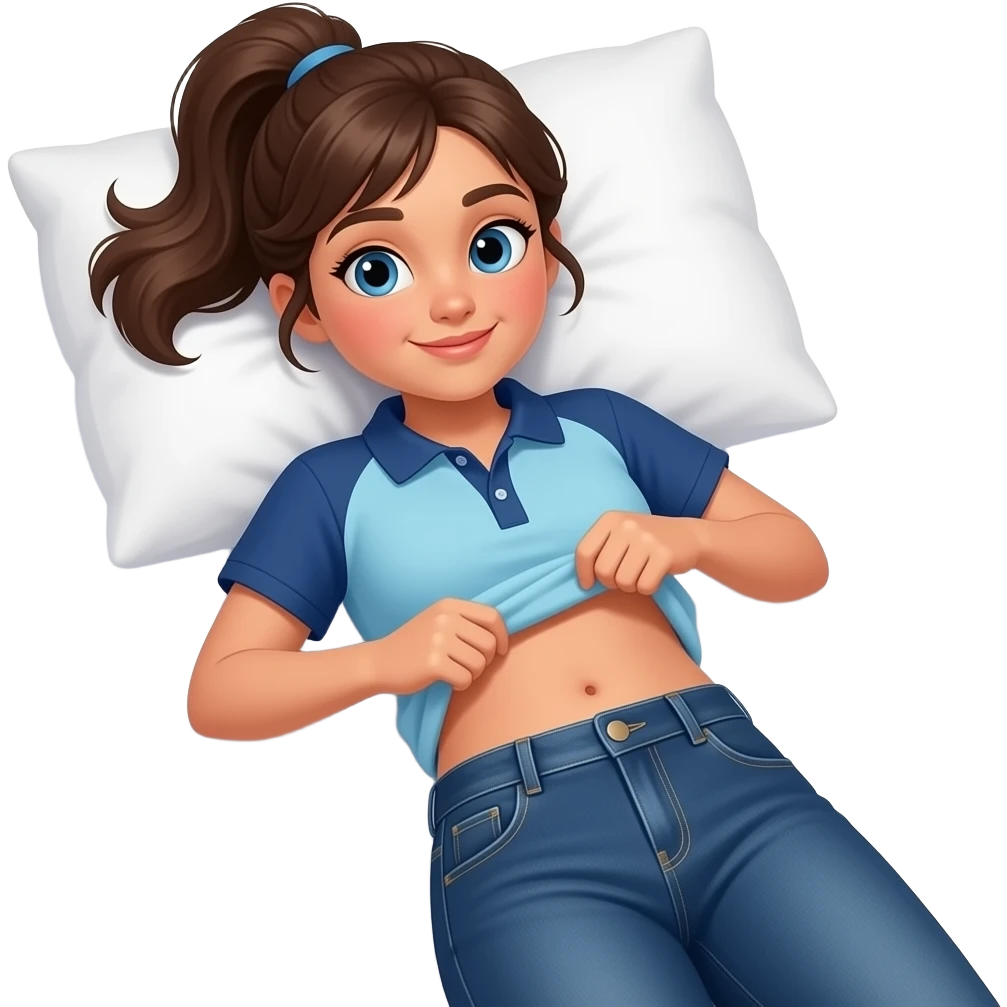 Hispanic girl with brown ponytail and blue eyes light blue and dark blue polo and dark blue baggy jeans and belly button laying down on her pillow on her bed lifting her shirt belly rolling emoji