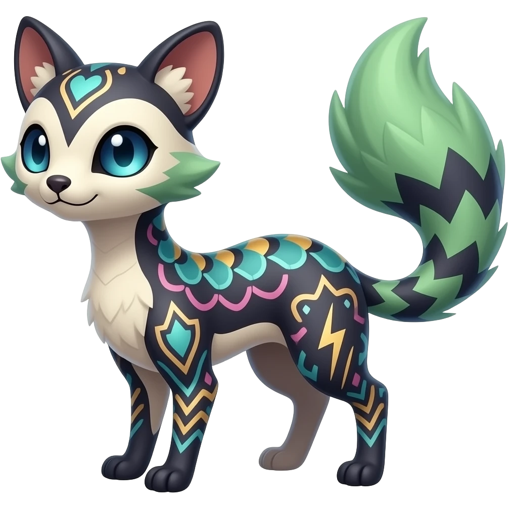Colorful scaly spunky elegant thin Realistic tall slim unique fantasy original shiny smooth soft flurry edgy cool Civet-Absol-Sprigatito-Vaporeon-Fakémon-hybrid with tribal chevron heart floral lightning bolt strikes damask paisley markings emoji