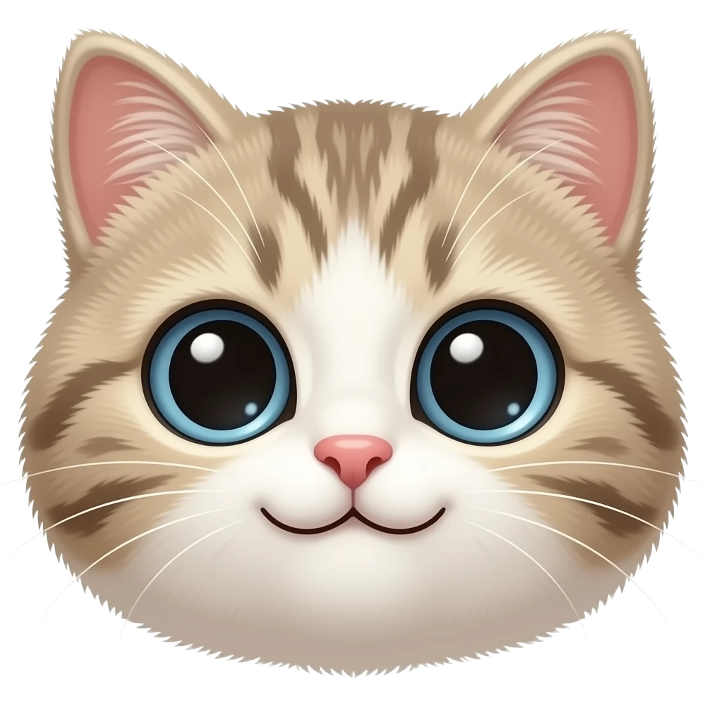 Cute cat emoji, round fluffy face, big shiny eyes, tiny pink nose, soft smile, glossy 3D emoji style, clean white background emoji