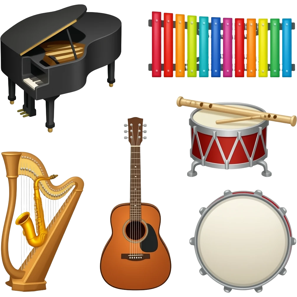 Instruments Piano, xylophone, drum, flute, Guitar, saxophone, harp, flute, pan emoji