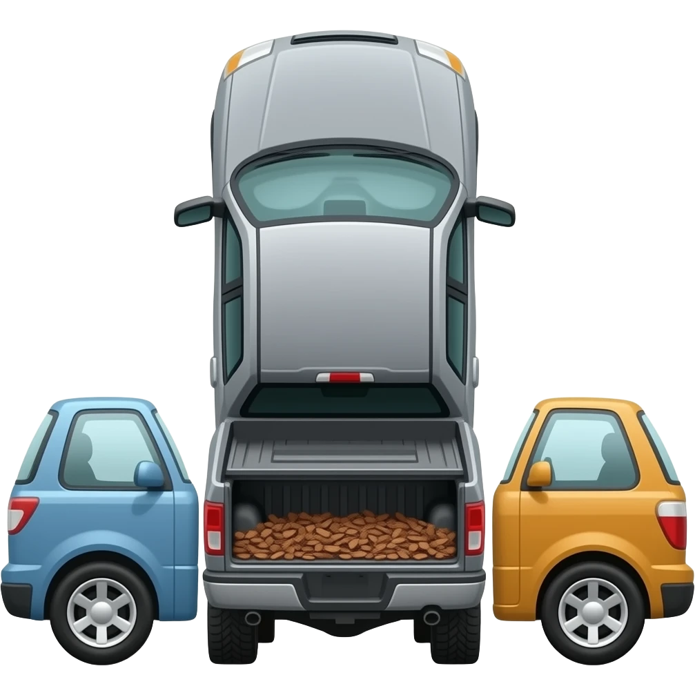 Gray F150 with full of bark chips in the back upside down in between two other cars emoji
