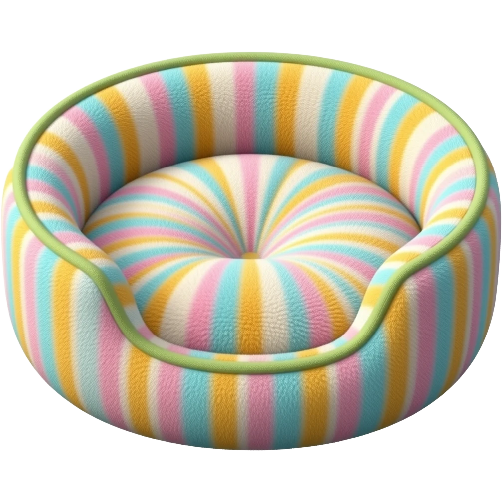 Create a cute polished 3D game icon of a cozy dog bed. Soft round cushion shape with raised edges, colorful, plush fabric texture, rounded details, gentle shadow. Empty bed only, no cat, no animal, no character, no face, transparent background, no text. emoji