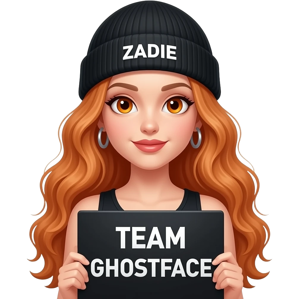 sexy girl with overlong wavy ginger hair and ginger eyes wearing a black tanktop and a black beanie with ZADIE written on it, is holding a black sign with just TEAM GHOSTFACE on it emoji