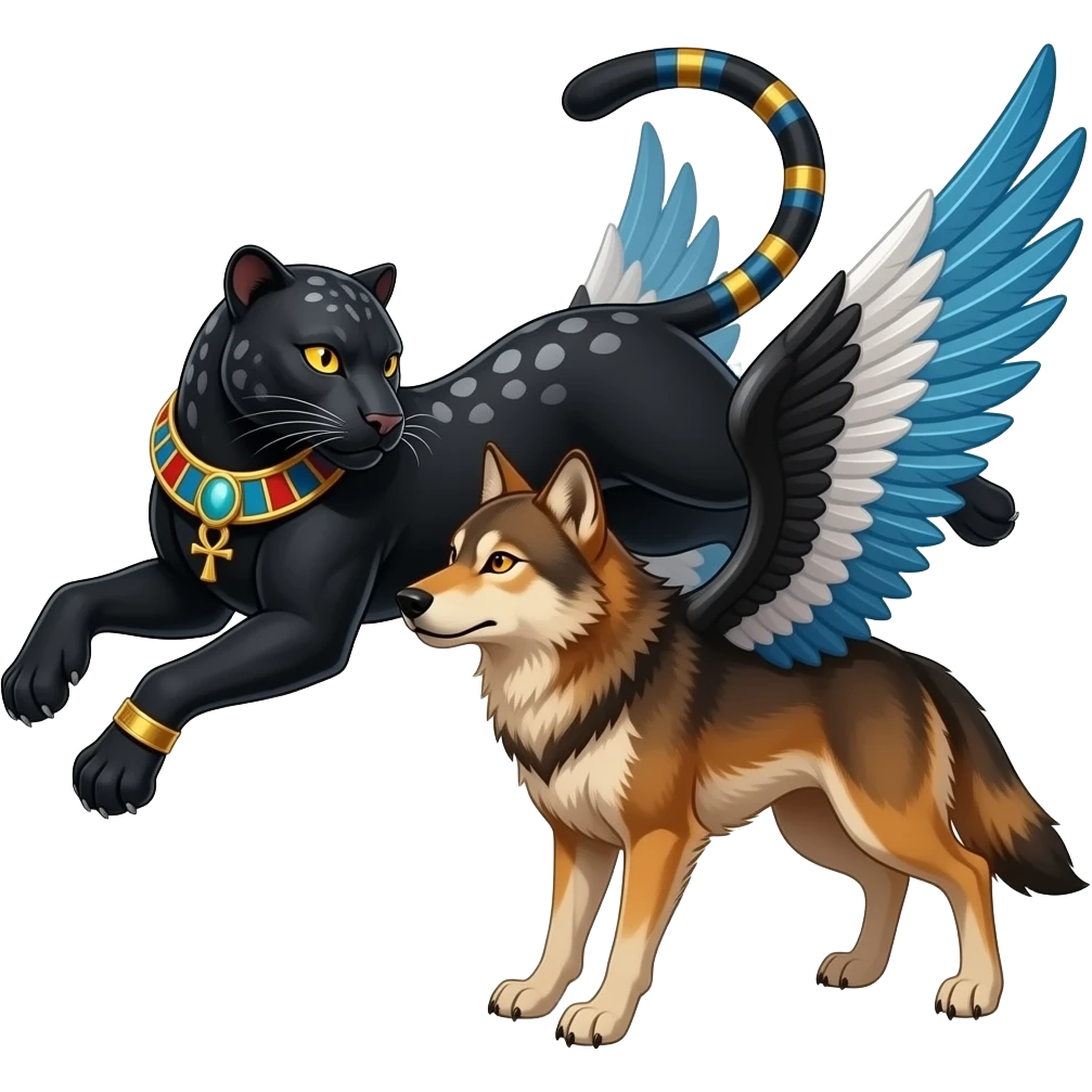 an egyptian black panther leaping playfully with dark grey markings in its black fur and golden yellow eyes. an ankh necklace around its neck. Leaping at a russet wolf with black white and blue wings and orange eyes emoji