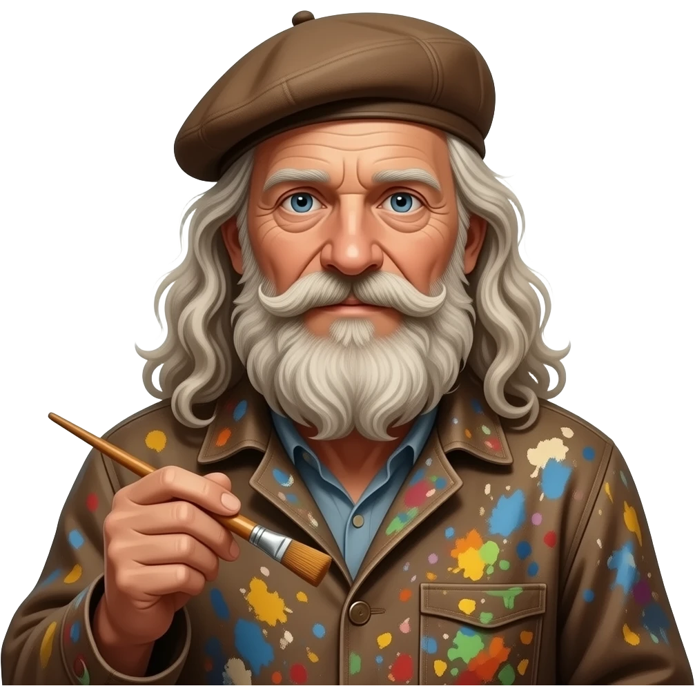 long hair old artist with beret paint-splattered smock emoji
