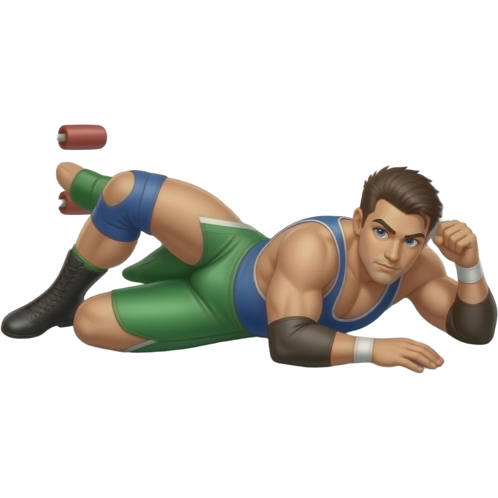 Erstelle ein Bild von Wrestler in kurzen, knappen und engen Wrestler-suits, die beiden haben unterschiedlich Farben an (Grün und blau) und sie ringen liegend miteinander auf dem Boden im Ring emoji