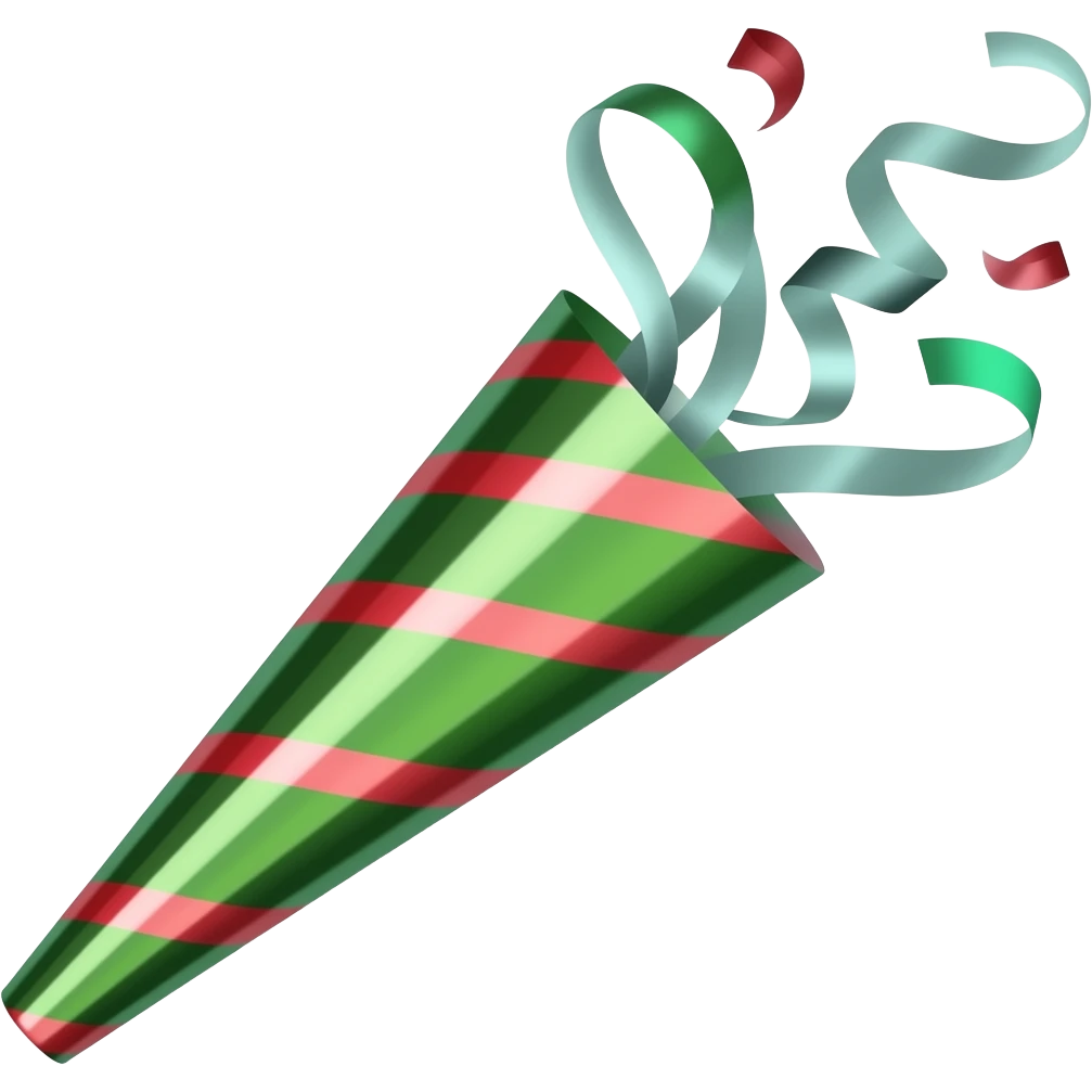 iOS emoji style, Party Popper green and red strips with confetti, realistic proportions, clean 3D design, glossy green plastic material, soft light reflections, smooth curved handles, elegant silhouette, minimalistic, high quality, transparent background emoji