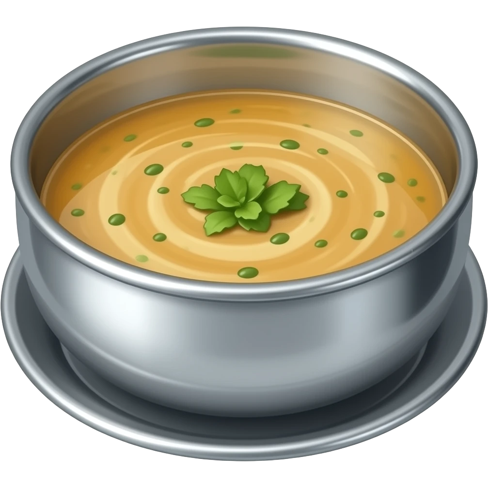 3D chrome, luxury phobo soup in chrome bowl, minimalist style, front view. emoji