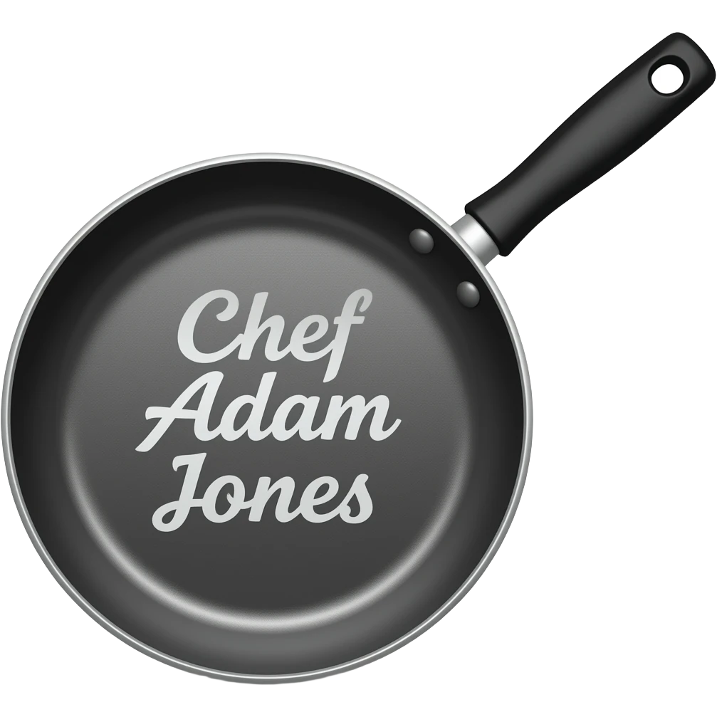 A frying pan with the words "Chef Adam Jones" written on it emoji