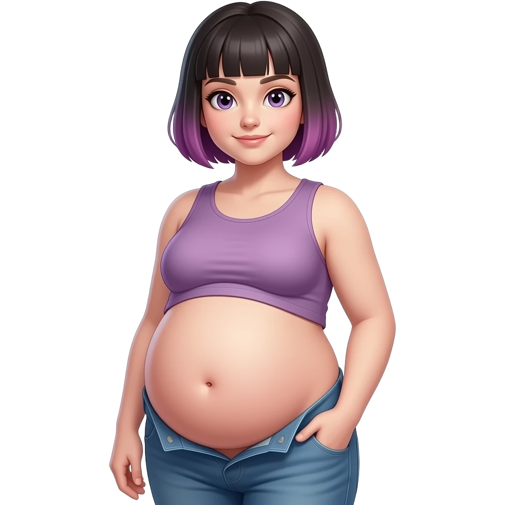 A girl with a semi pixie emo hairstyle,wears a crop top and a unbuttoned pants,stocky robust build,she always looks constantly well fed & pregnant like,her tummy is big & round,heavy in the belly,she is stuffed silly,her bellybutton is deep hollow innie like a tiny void. emoji