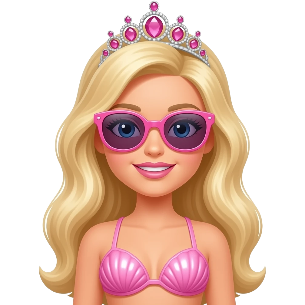 barbie merliah wearing a pink sunglasses a pink mermaid tail a pink Seashell bikini and a pink tiara emoji