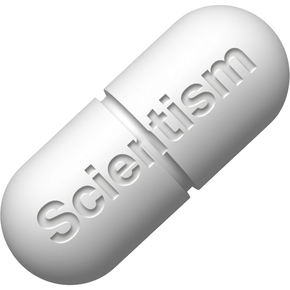 A single white "solid" oblong pill with "Scientism" engraved in it at a 45 degree angle with no divider line emoji