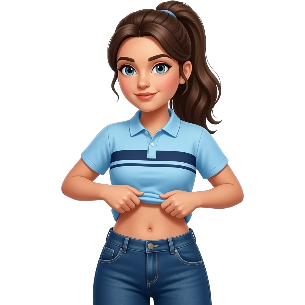 17 year old hispanic woman with brown ponytail and blue eyes light blue dark blue lined polo and dark blue baggy jeans and belly button lifting her shirt showing her emoji