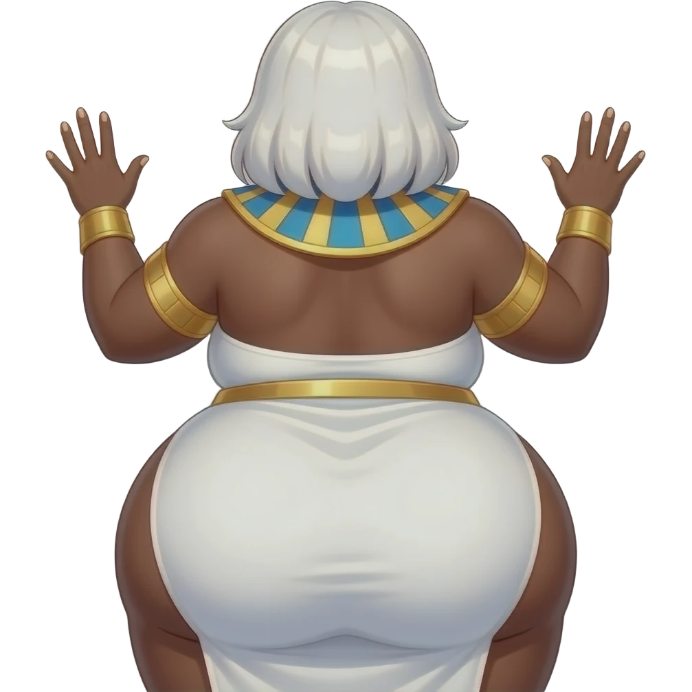 African Anime extremely fat big booty a white hair female creature cosplaying Egyptian girl showing back her buttocks with putting her hands behind the wall with her white dress and she’s headless emoji