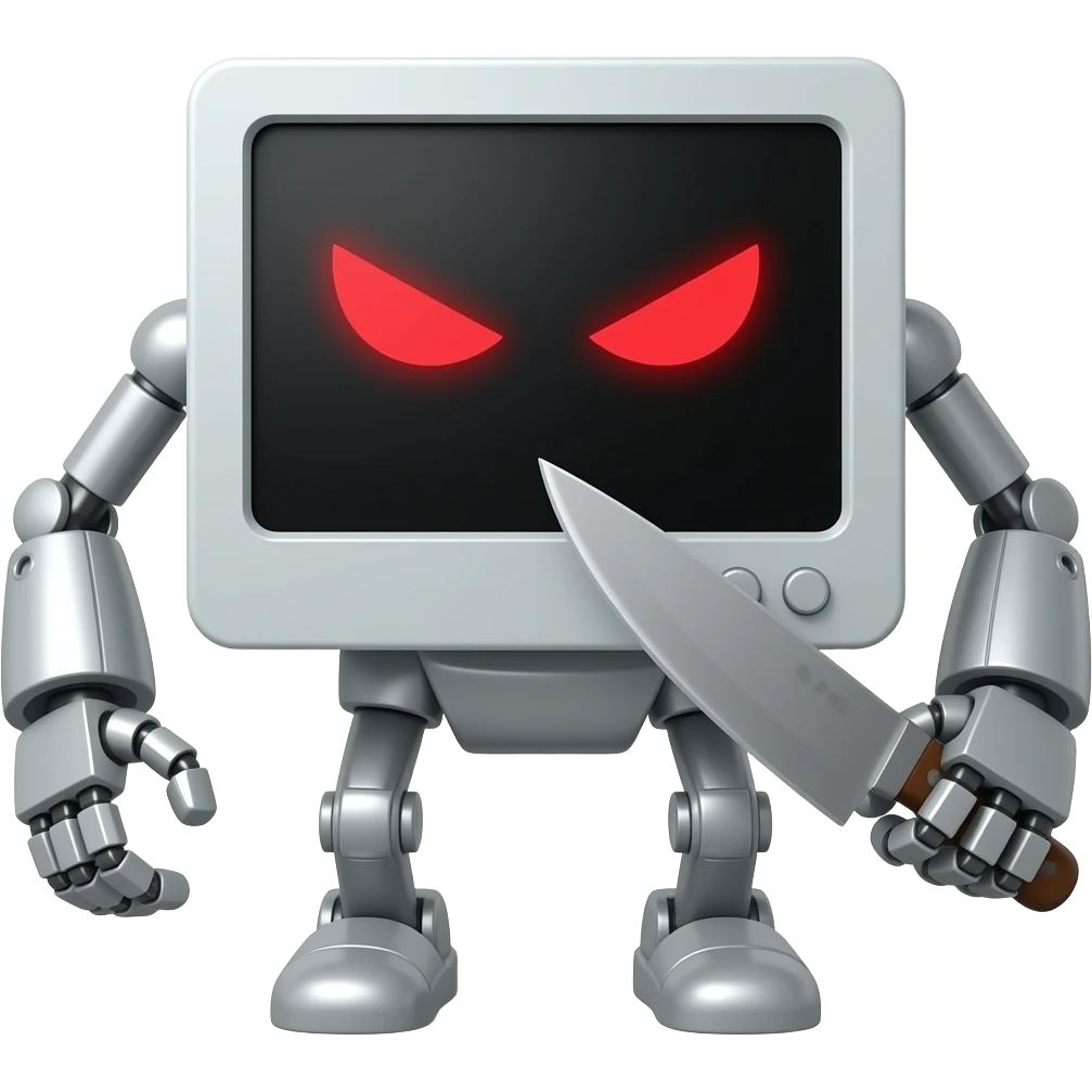 a computer with a evil face and hands and legs and knife in hand emoji