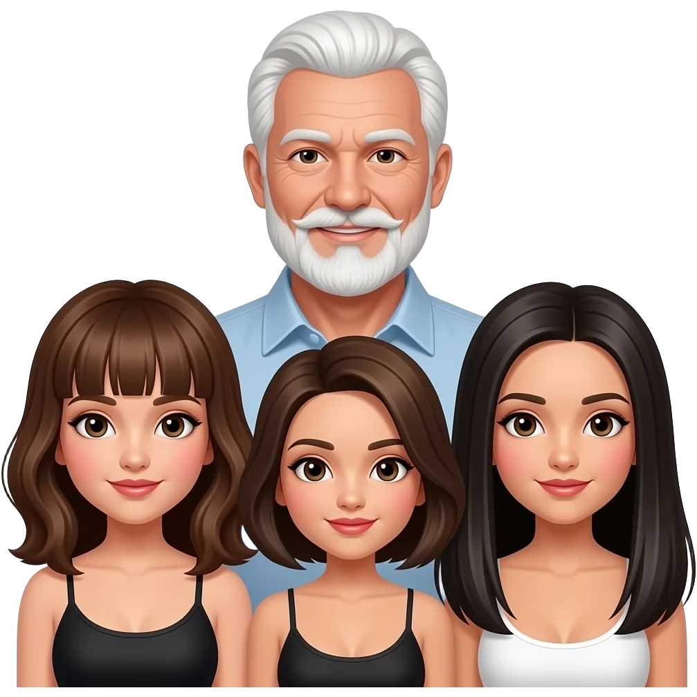 white hair sugar daddy with 3 brunette sugar babies: one with medium hair and bangs, the other with medium hair, and the other with Long straight darker hair. emoji