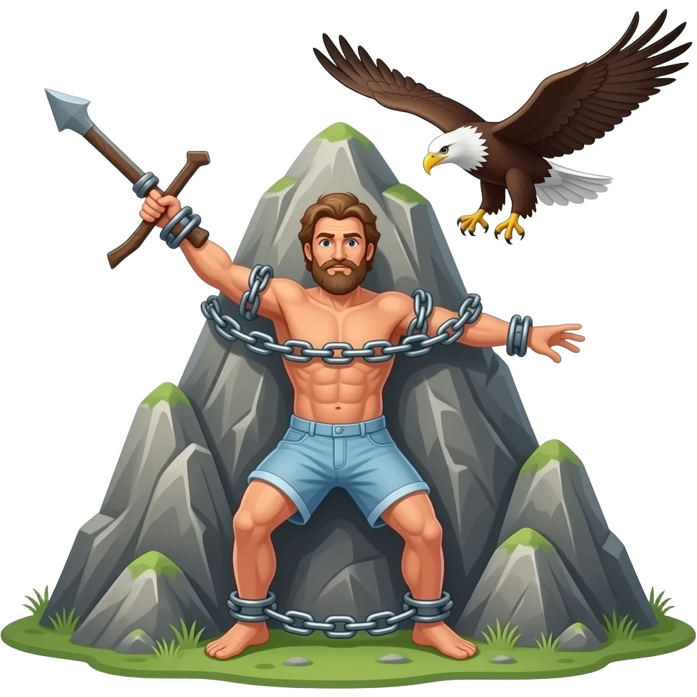 ⛓️🔥 **Prometheus punished (English emoji description):**  “Prometheus is chained tightly to a rocky mountain, unable to escape, with an eagle circling above him as punishment for stealing fire for humanity, symbolizing eternal suffering and sacrifice.”ççç emoji