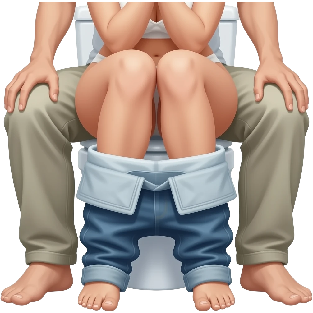 Woman nude on toilet open legs, man between her legs emoji
