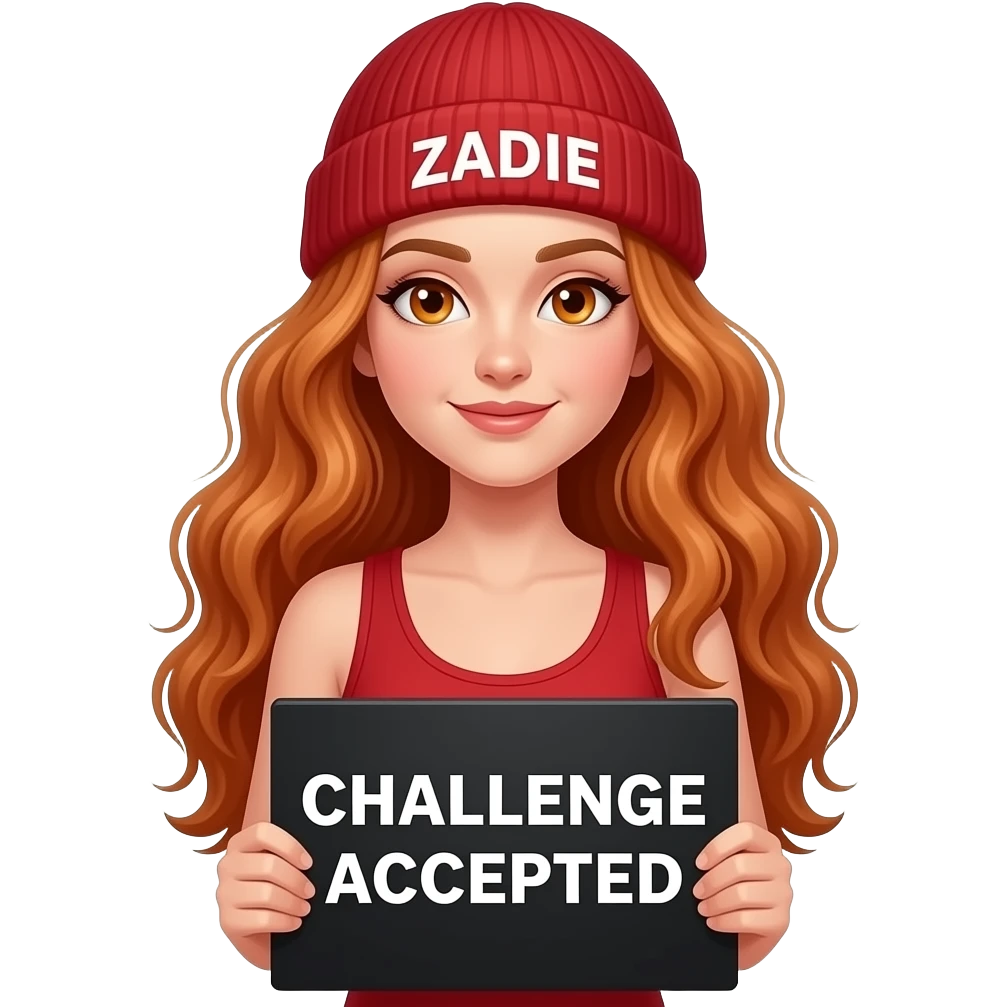 sexy girl with overlong wavy ginger hair and ginger eyes wearing a red tanktop and a red beanie with ZADIE written on it, is holding a black sign with CHALLENGE ACCEPTED written on it emoji