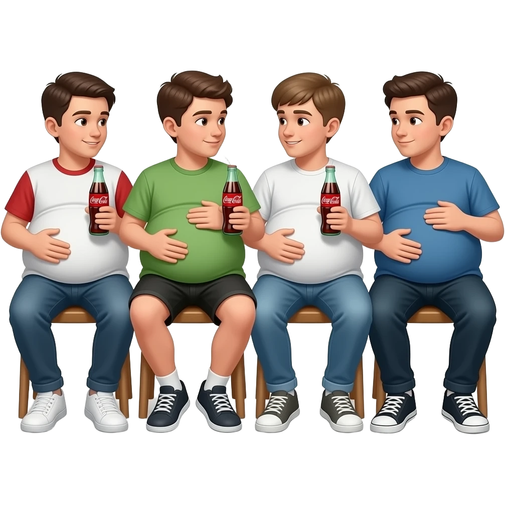4 chłopaków z piwnymi brzuchami oni mają 14 lat ich brzuchy mają kształt jak ogromne kula siedzę na krześlei rozmawiają i głaszczą swoje brzuchy i piją Coca-Cola emoji