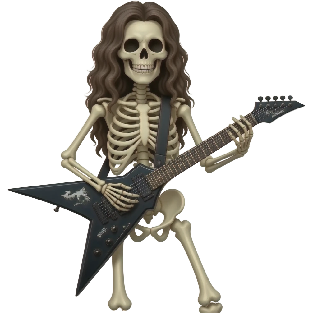 A full body long haired skeleton playing a B.C. Rich Warlock style guitar emoji