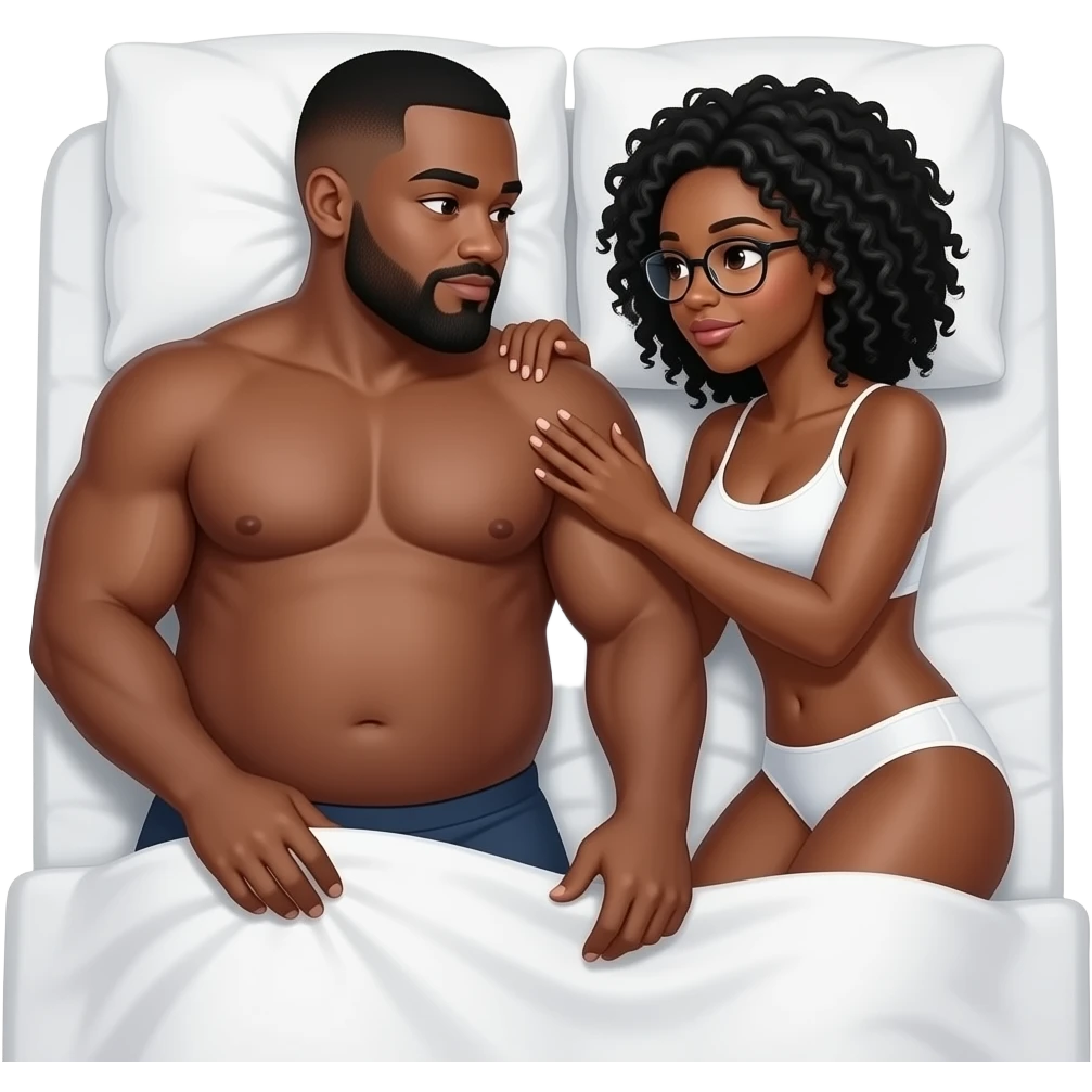 Black couple. Chubby, non muscular man with low curly cut and beard with some gray. Having sex with a Black woman with black locs (with some gray) and glasses in bed with just panties emoji