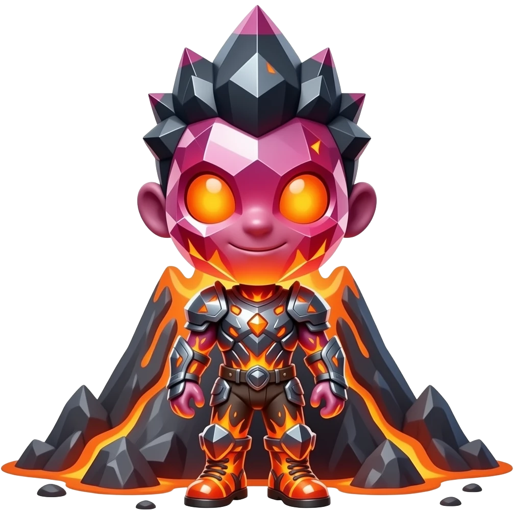Full body crystal volcano entity with a big head, small body, glowing ...