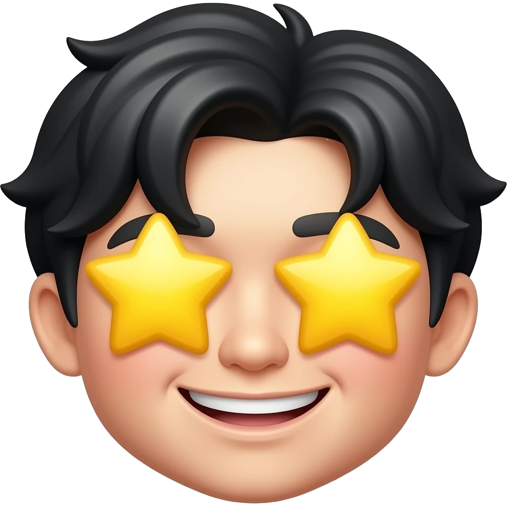 cheerful smile face emoji, extremely big yellow star eyes, Korean boy features, black fluffy wavy bangs, small mole under right eye, high nose, only face emoji