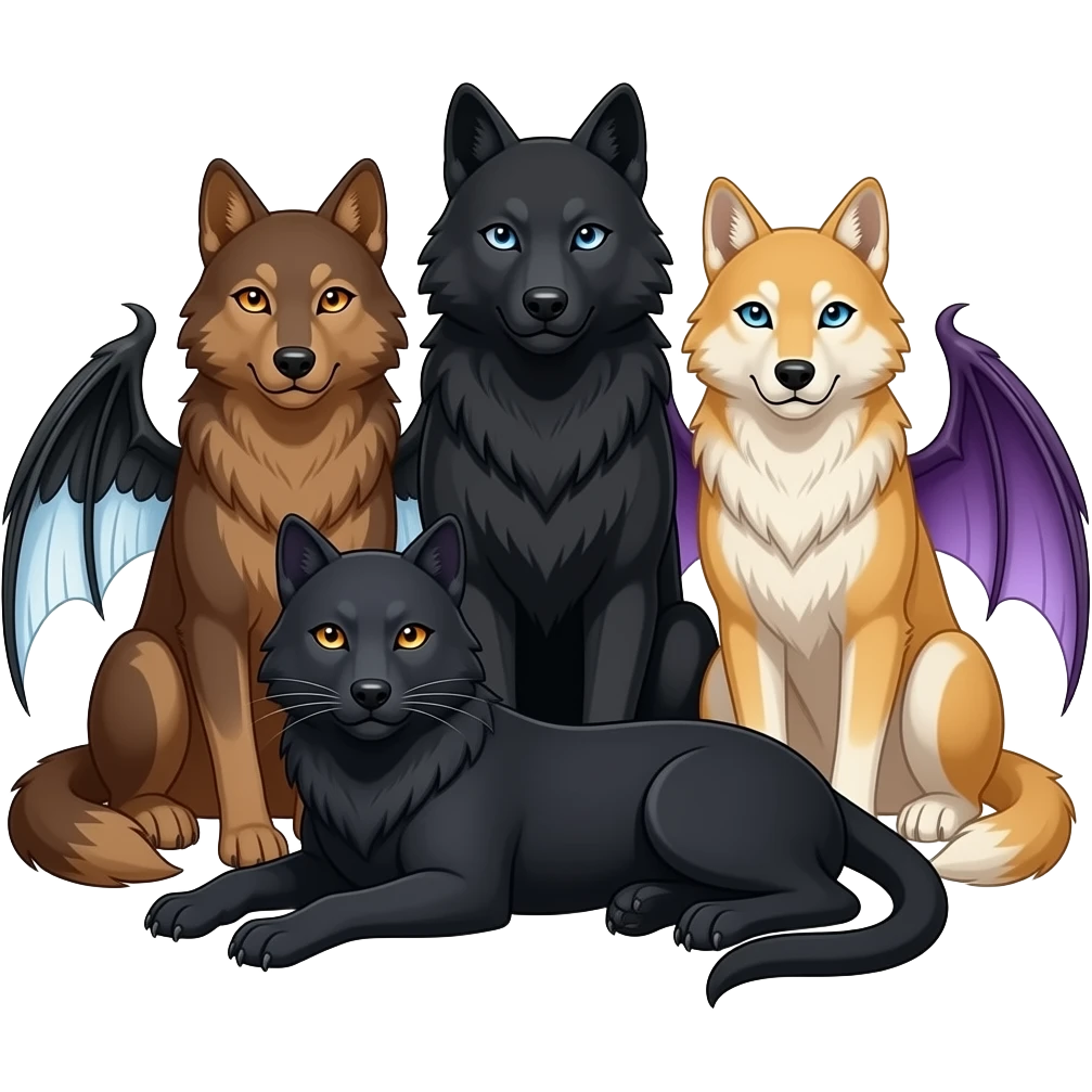 Three wolves are sitting together with a black panther with golden eyes lying at their feet. One wolf russet brown with orange eyes and black, white, and blue crow wings. The middle wolf is all black with blue eyes, and the last wolf is tan with blue eyes and purplish draconic succubi wings. emoji