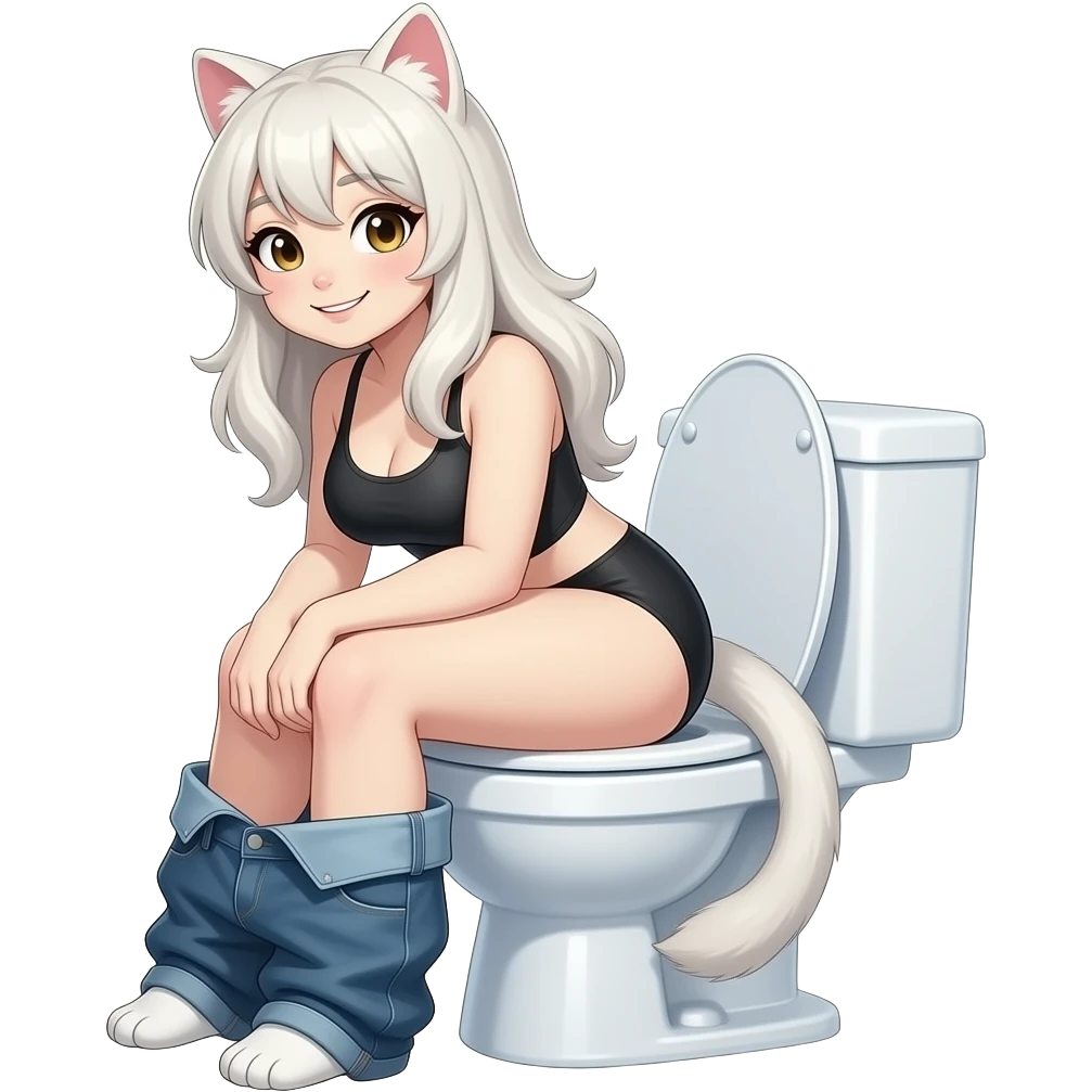 Female  white maneki neko furry person woman,smile,sit on toilet,fursona,pants down,side view emoji