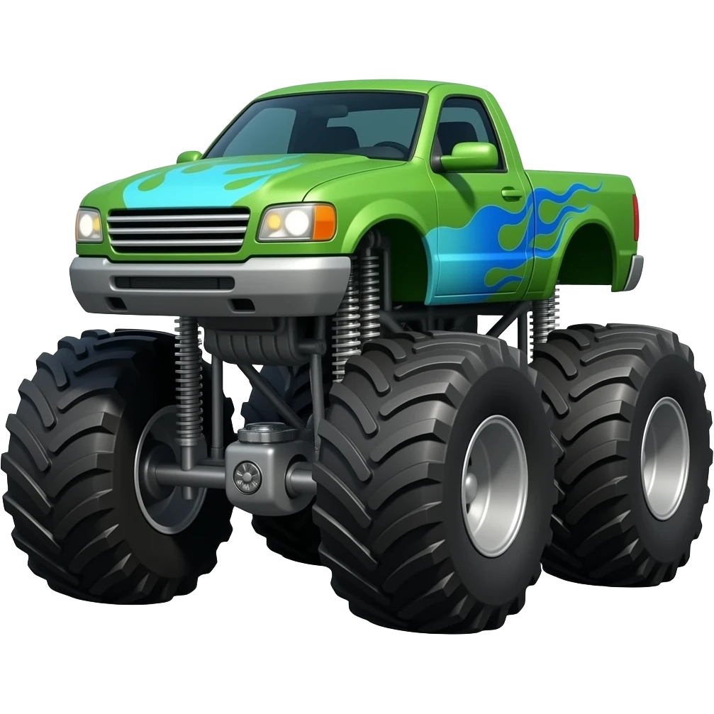 A green with blue flames monster truck emoji