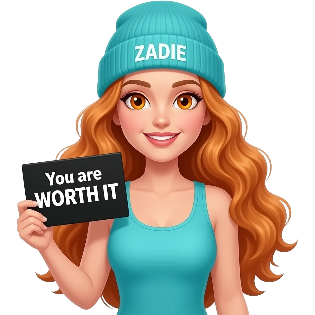 sexy girl with overlong wavy ginger hair and ginger eyes wearing a turquoise tanktop and a turquoise beanie with ZADIE written on it, is holding a black sign with You are WORTH IT written on it emoji