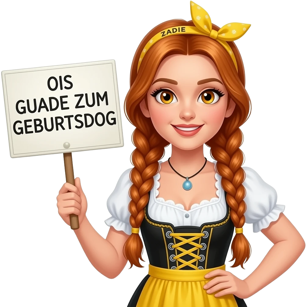 sexy girl with overlong ginger braids and ginger eyes wearing a yellow dirndl and a yellow headband with ZADIE written on it, is holding a sign with OIS GUADE ZUM GEBURTSDOG 🎂 written on it emoji