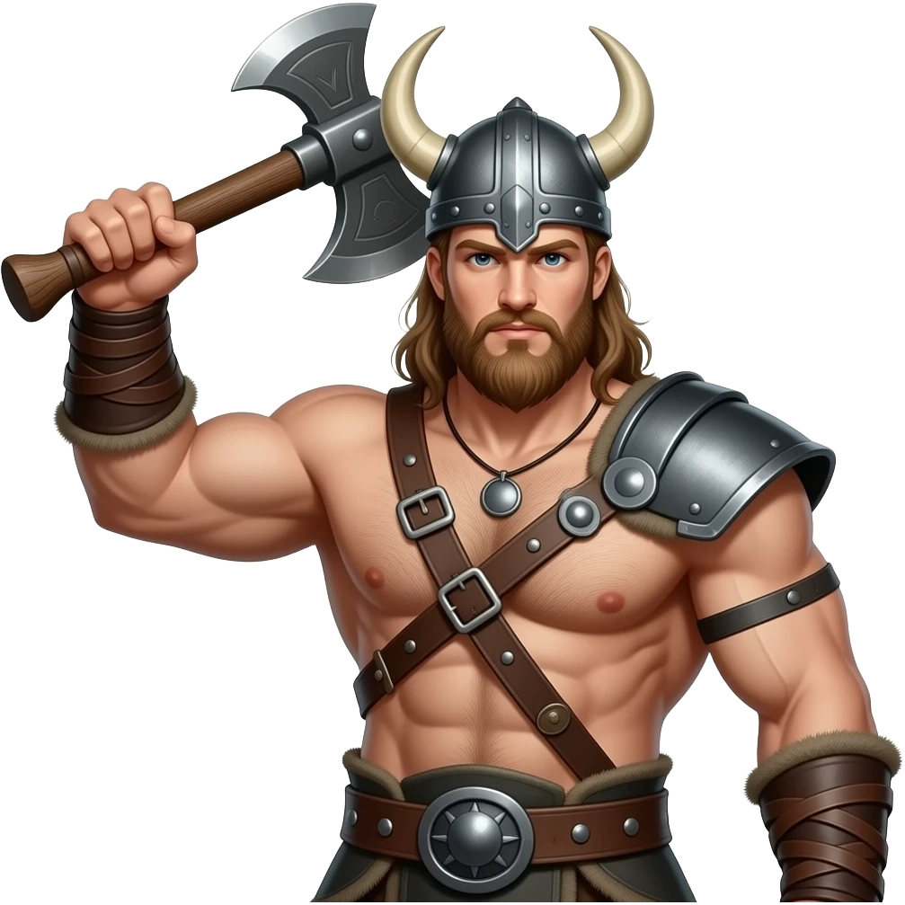 Nahaufnahme von einem Vikinger mit nackten muskulösem körper und einer behaarten und kräftigen männlichen Brust, mit Leder Riemen und Schulterpanzer aber ohne Gürtel. Er schwinkt eine Axt mit seiner rechten Hand und trägt ein Helm mit Hörnern und Bart emoji