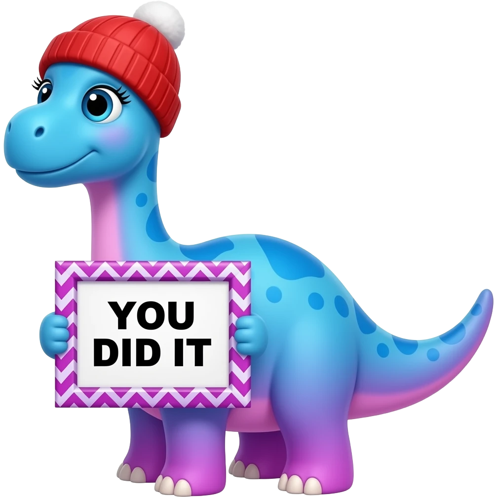 Create a super cute kawaii blue and pink gradient Animal which Looks Like a Brachiosaurus facing left with big eyes and long eyelashes and with a red winter hat holding a colorful purple zig zag frame sign with in front of its chest that says in a funny black font "YOU DID IT" emoji