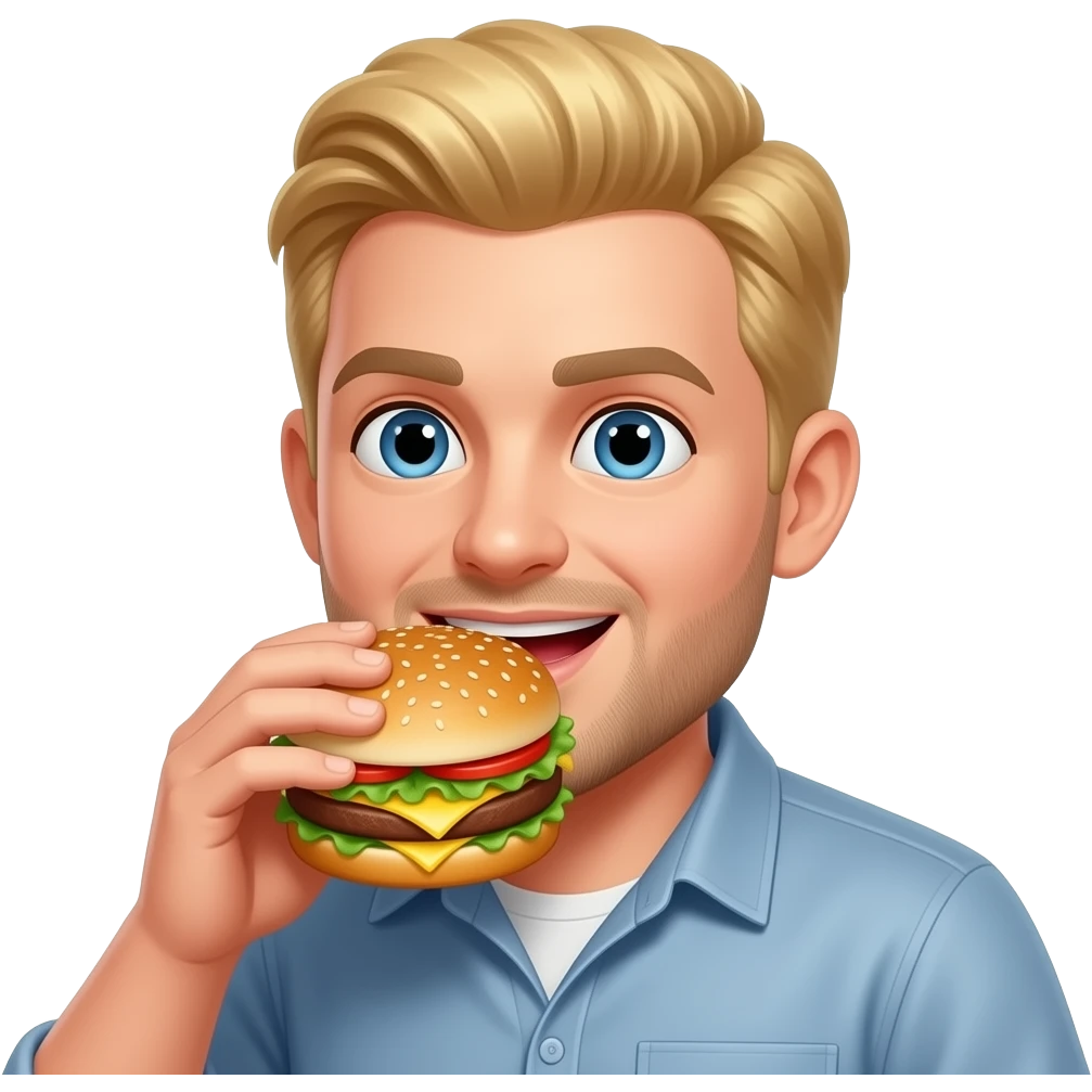 Blonde hair Ryan with facial hair eating Sonic drive in cheese burger emoji