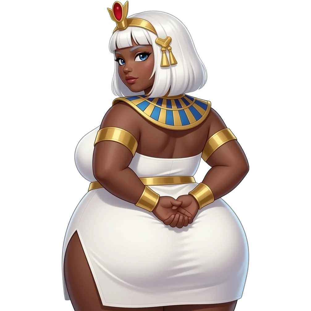African Anime extremely fat big booty a white hair female creature cosplaying Egyptian girl showing back her buttocks with putting her hands behind the wall with her white dress emoji
